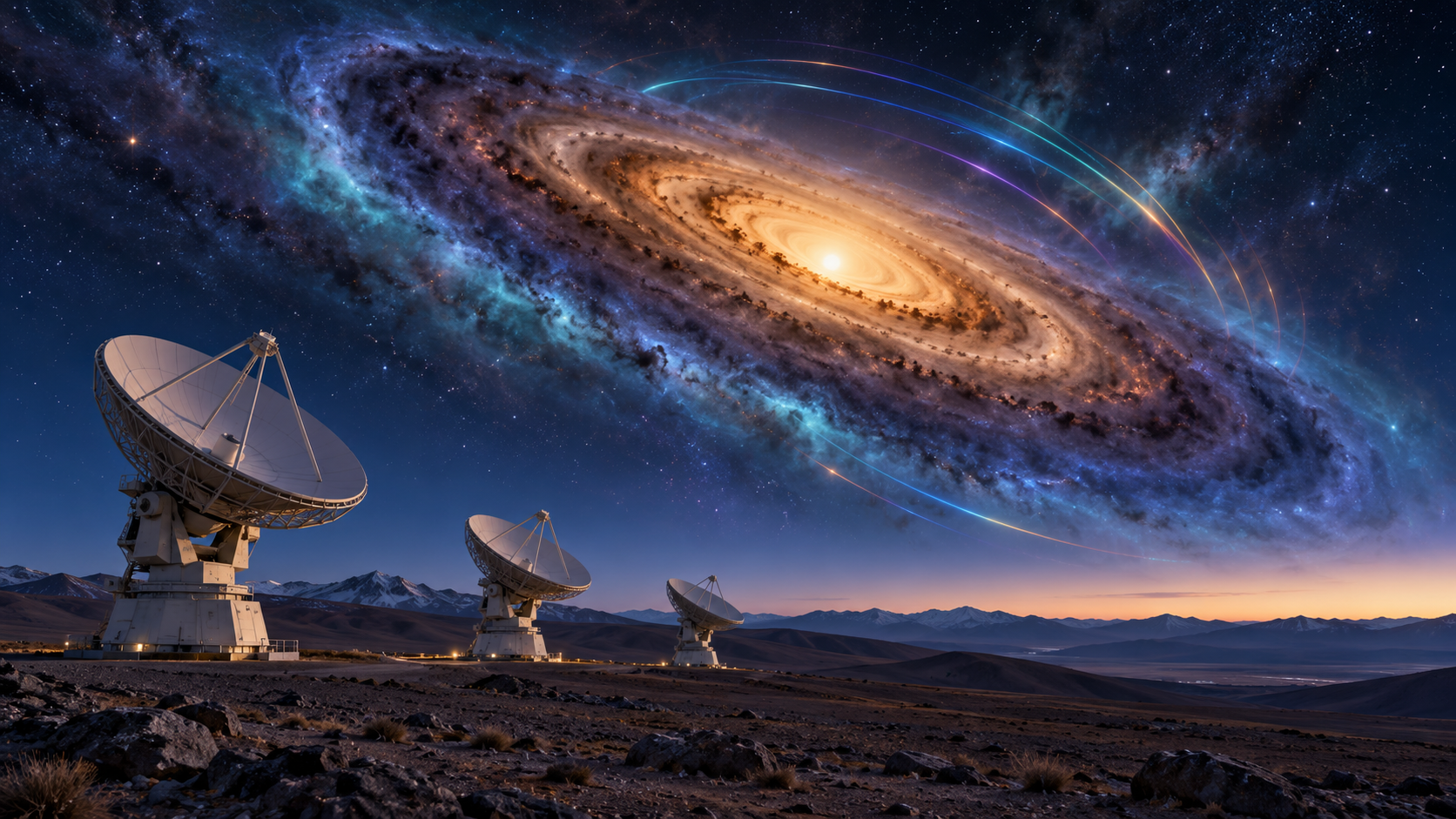 Generated illustration of desert radio telescopes beneath a conceptual view of a dusty disk around a young star.