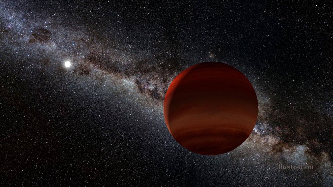 Artist’s illustration of a brown dwarf in the foreground with a small white dwarf against the Milky Way.