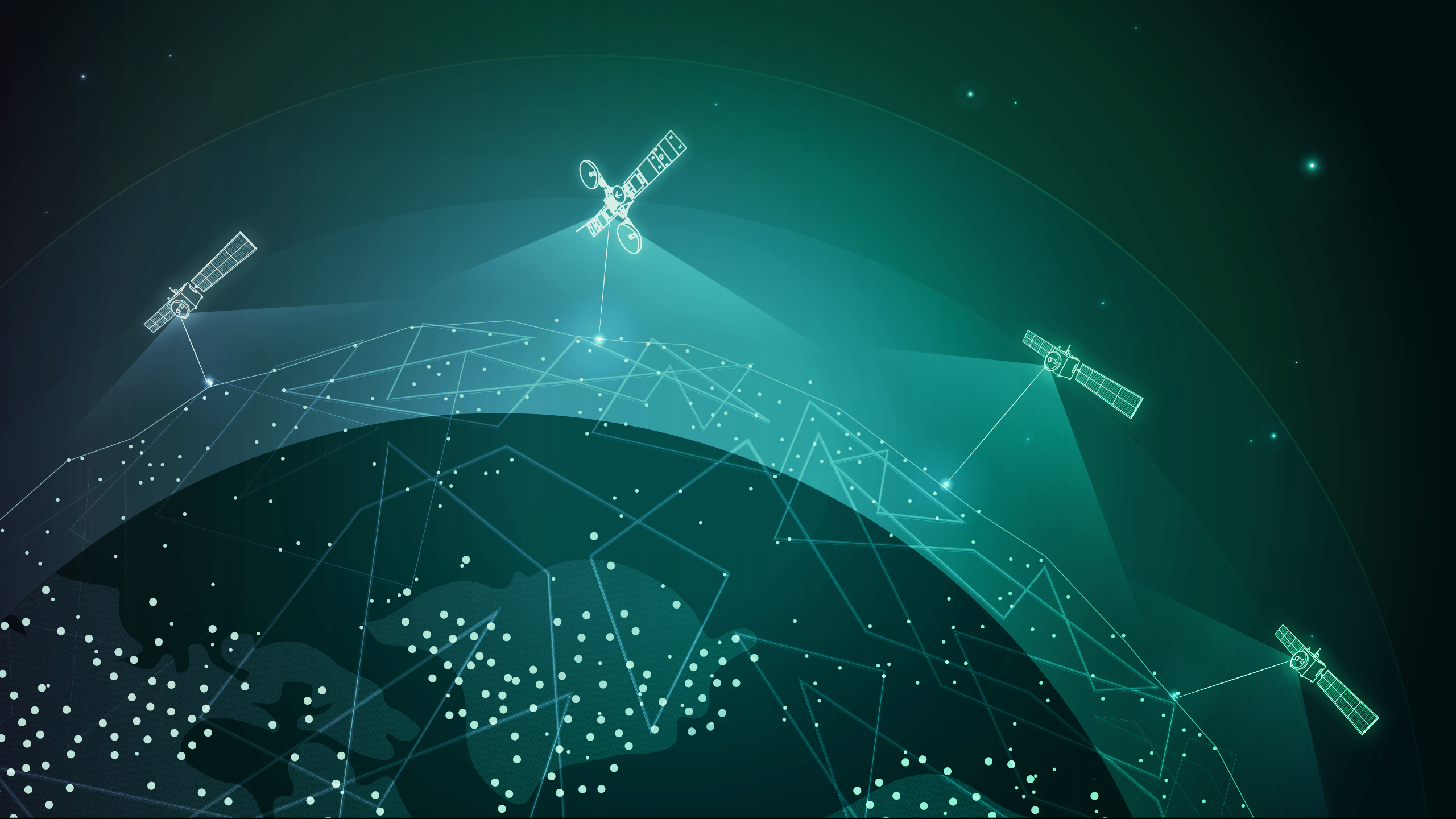 Artist’s illustration showing relay satellites exchanging information with locations on Earth.