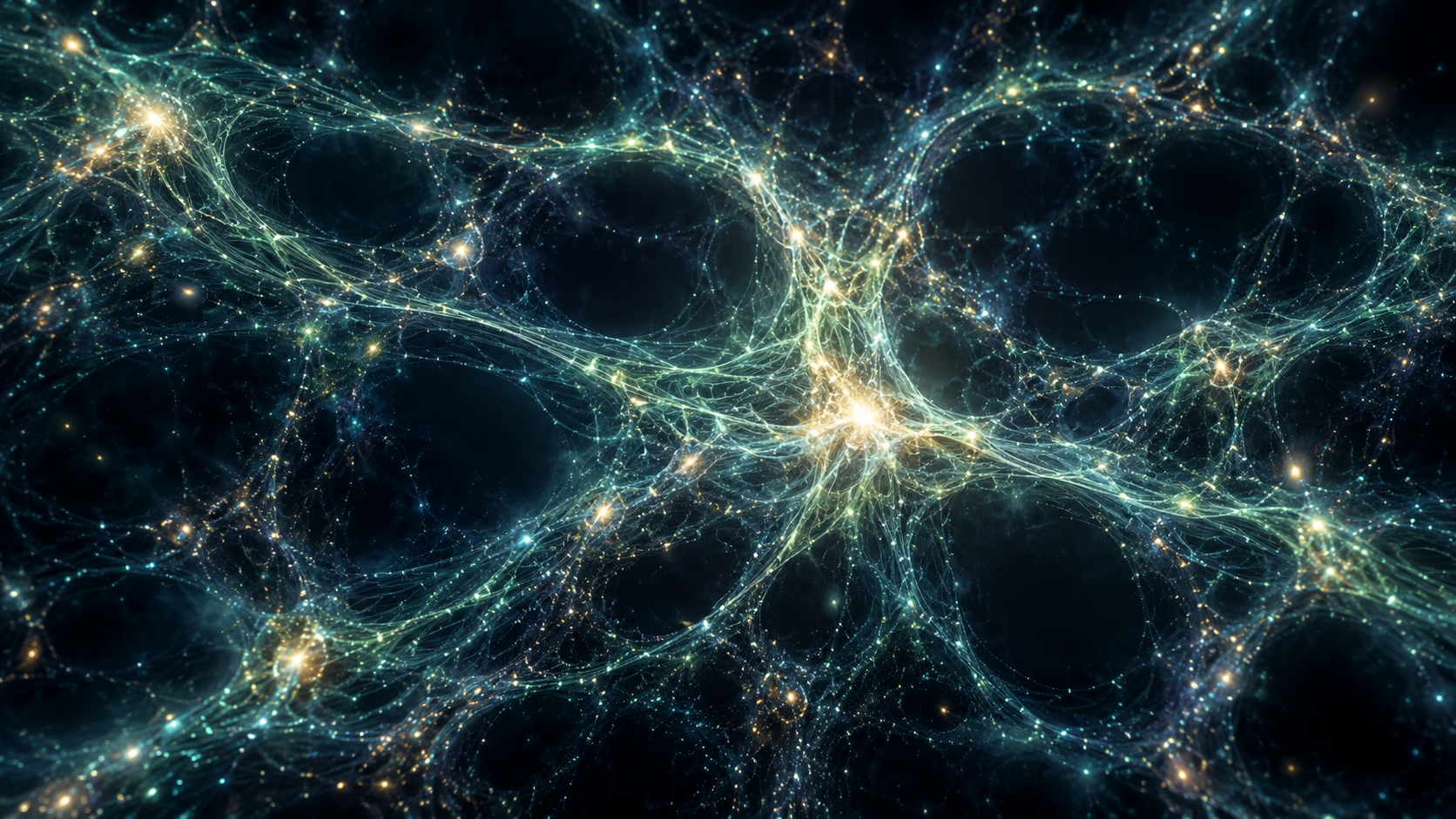 Generated illustration of a glowing cyan and pale-green cosmic web with gold nodes against a dark navy background.