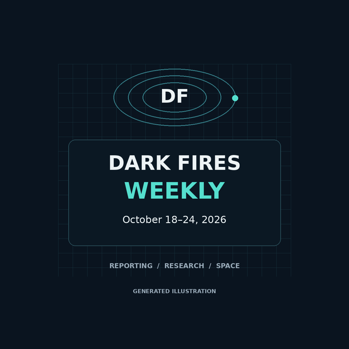 Generated illustration of Dark Fires Weekly, October 18–24, 2026, with abstract orbital graphics.