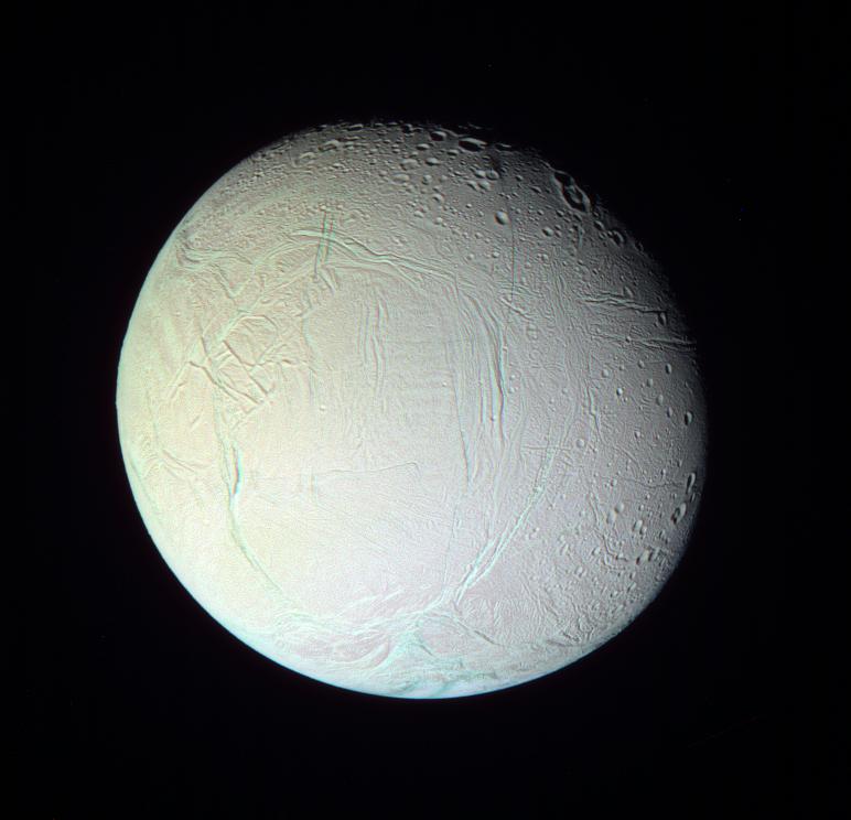 False-color Cassini view of Enceladus showing fractured icy terrain in January 2006.