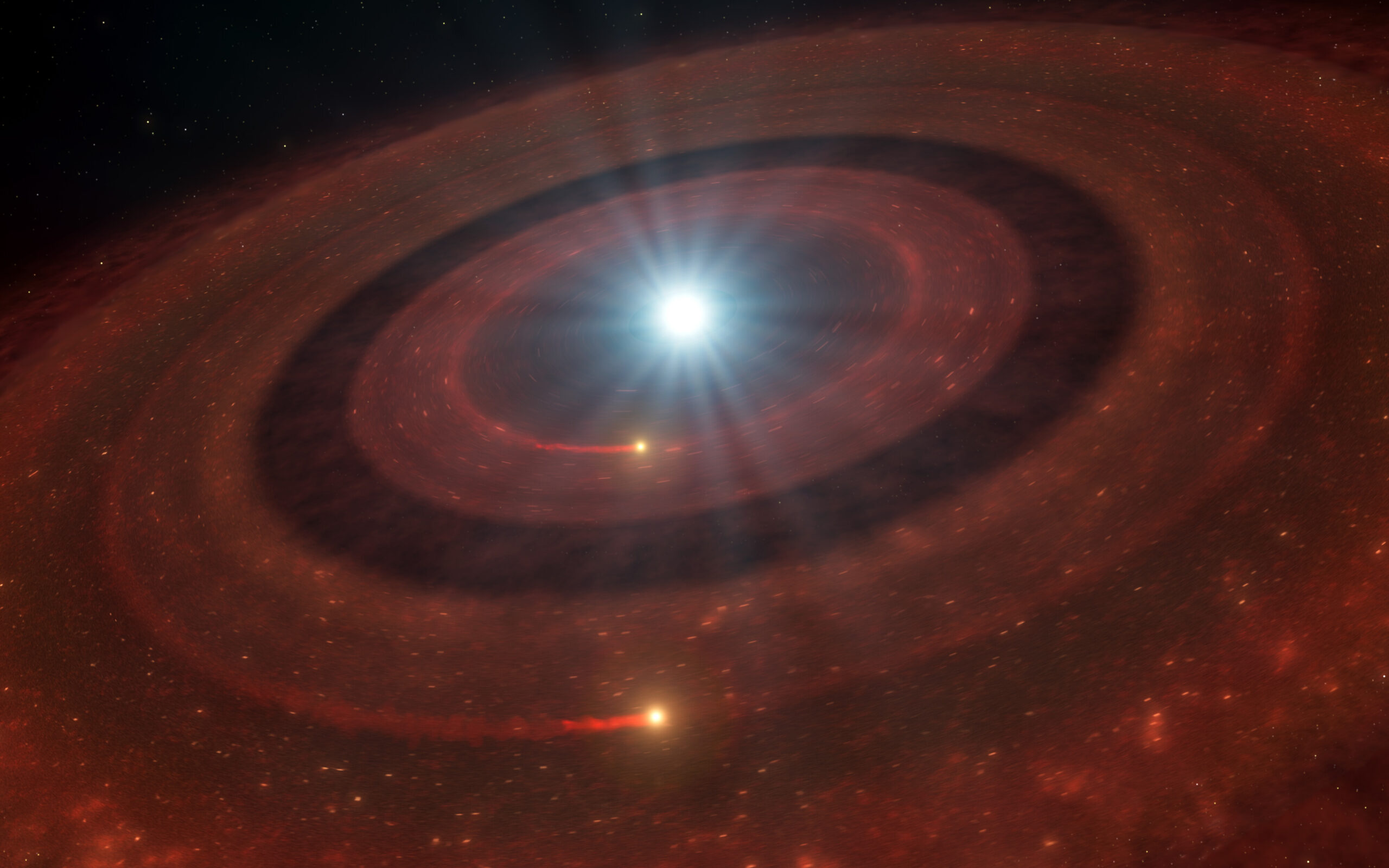 Artist’s impression of two debris rings and proposed surviving planetary bodies around white dwarf J1328−1450.