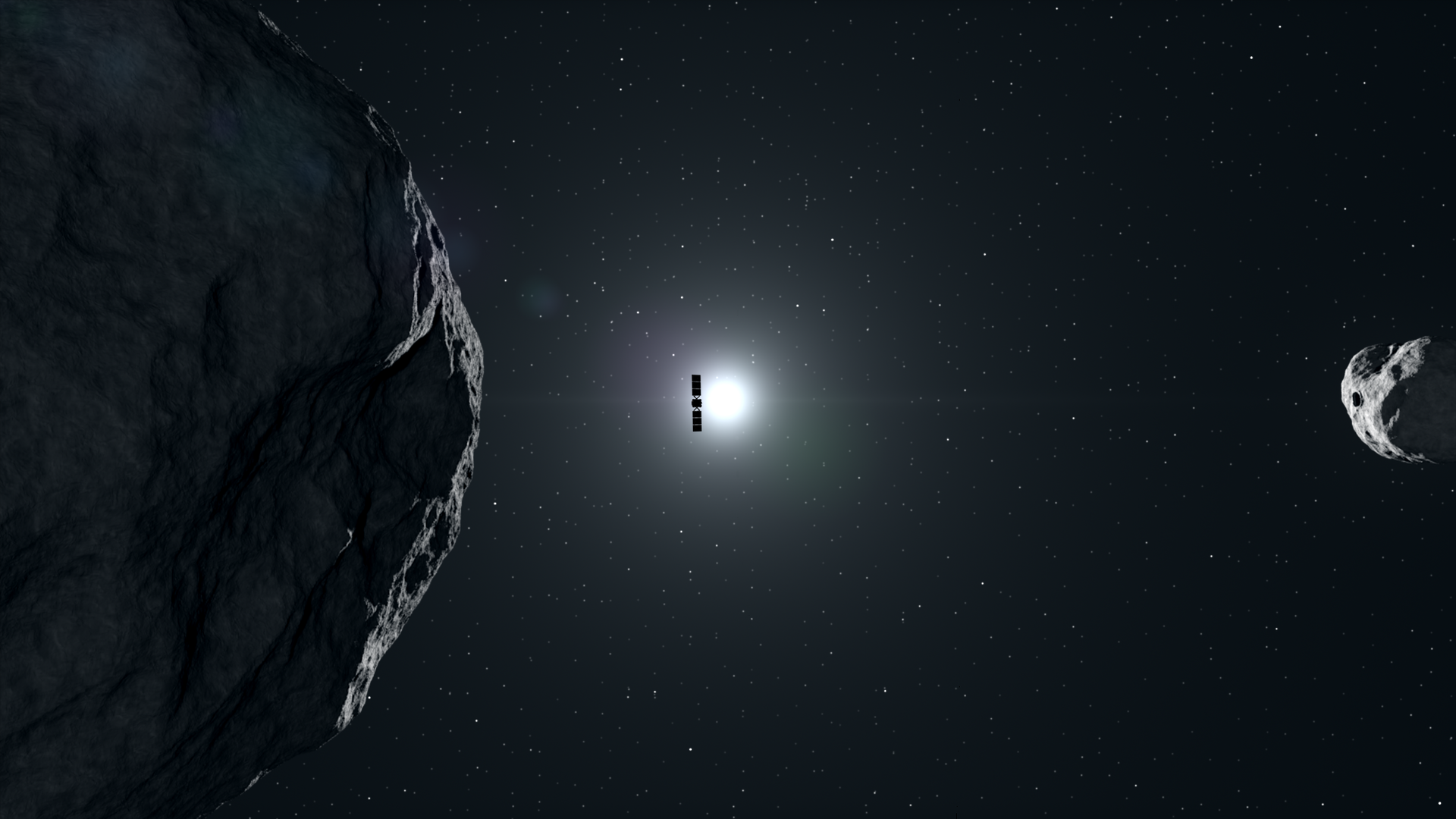 Artist’s illustration of Hera flying near the two asteroids Didymos and Dimorphos.