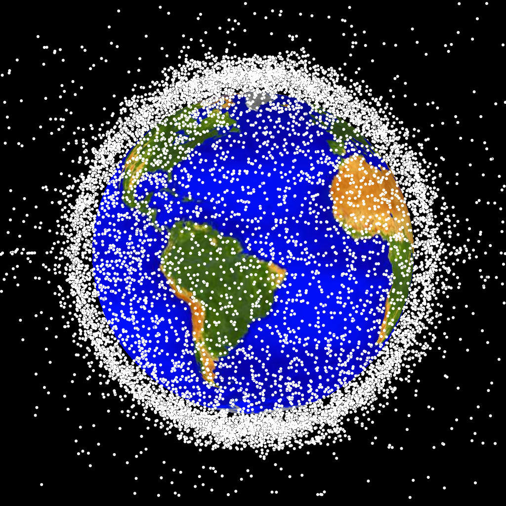NASA visualization of tracked objects in low Earth orbit as of January 1, 2019; dots are enlarged and not to scale