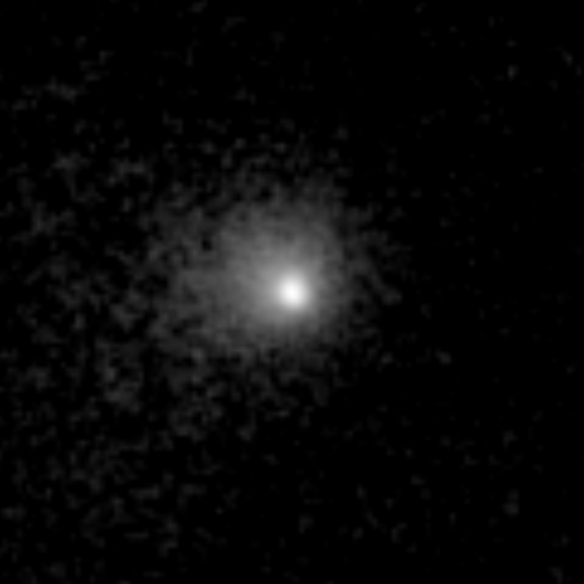 A processed black-and-white image of comet C/2026 S1 and its diffuse coma.