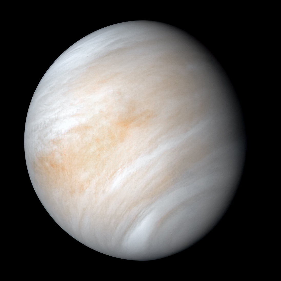False-color Mariner 10 view of Venus showing bands of pale white and tan clouds against black space