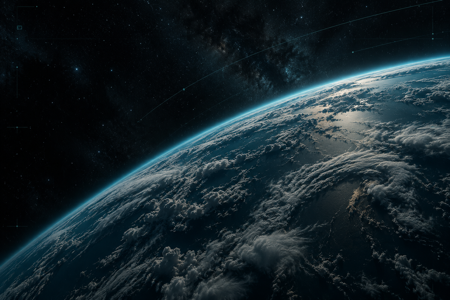 Dark Fires editorial illustration of Earth’s curved horizon and clouds viewed from orbit