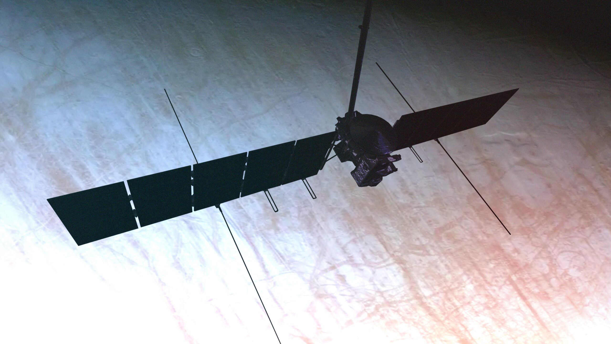 Artist’s concept of Europa Clipper with extended solar arrays silhouetted above Europa’s ridged icy surface.