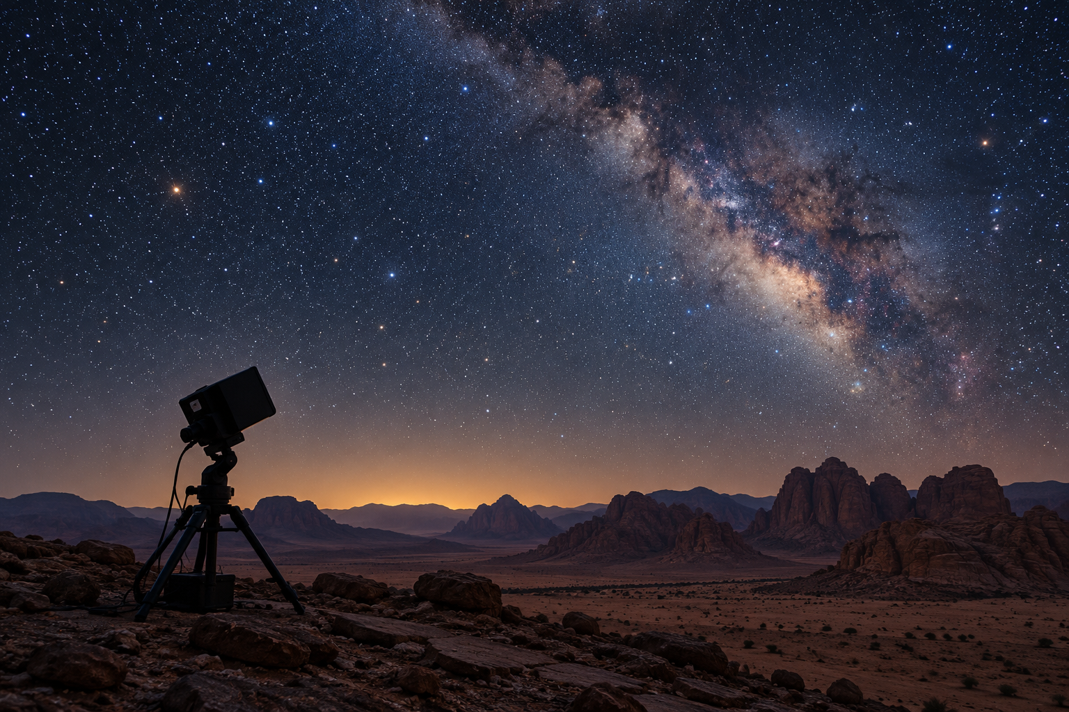 Generated illustration of a wide-field optical camera beneath a desert night sky; not a photograph of AlUla or its LaserSETI instruments.