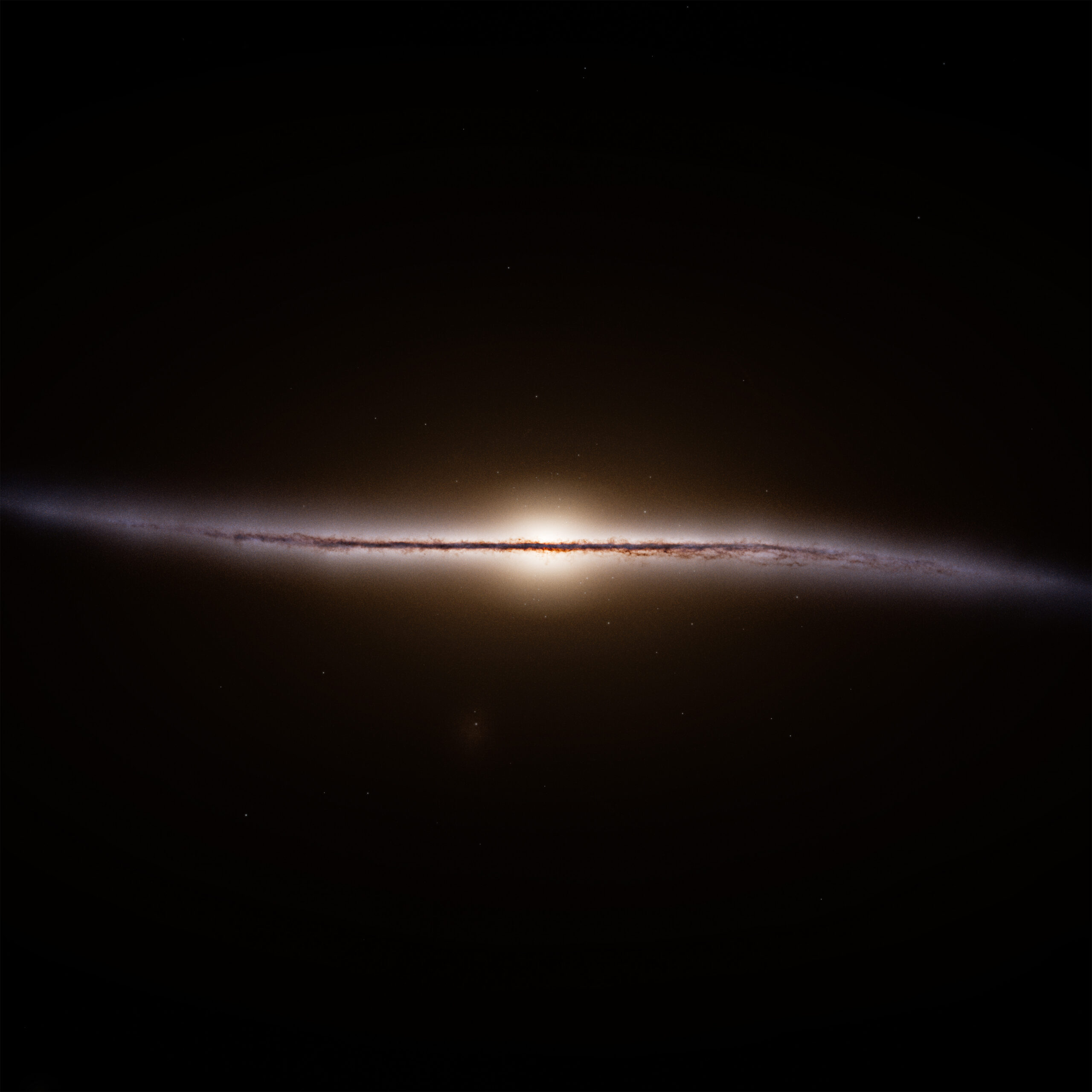 Artist’s impression of the Milky Way viewed edge-on, showing a thin dusty disc with a slight warp and a luminous central bulge.