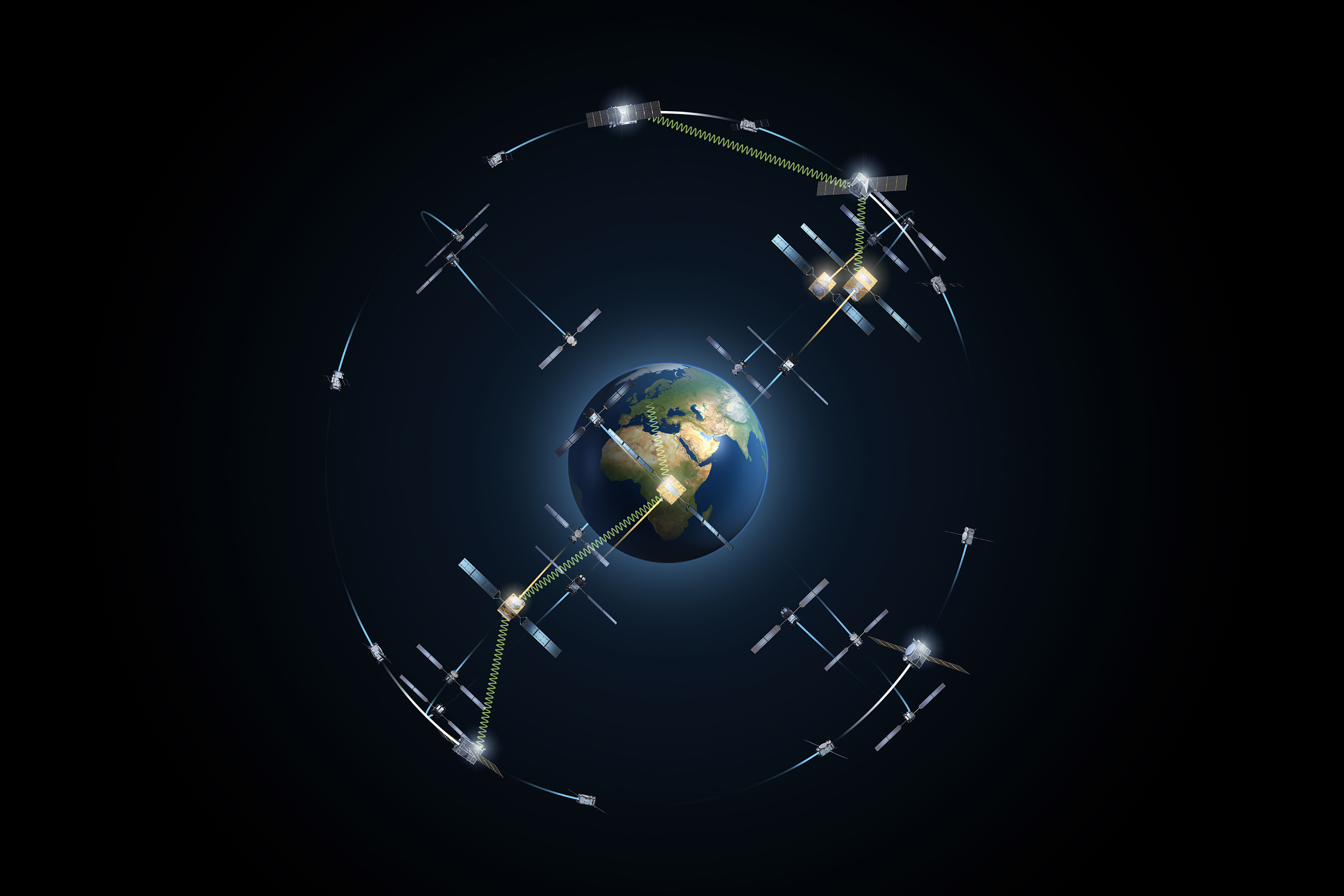 Artist’s illustration of Galileo navigation satellites surrounding Earth.