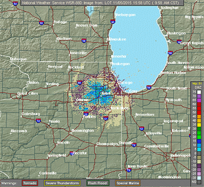 Weather radar display showing ground-clutter echoes near Joliet, Illinois.