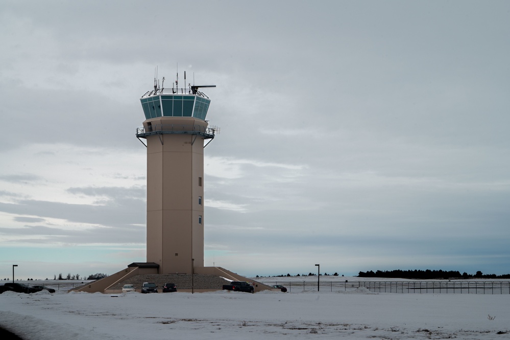 Air-traffic control tower overlooking the airfield at Fairchild Air Force Base.