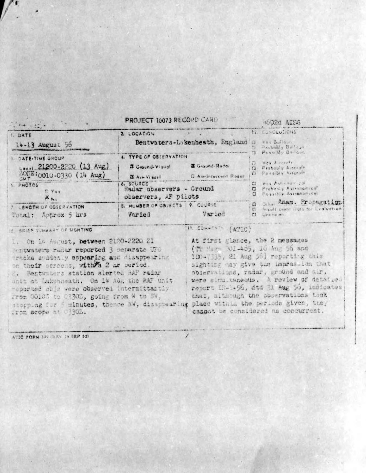 Air Force Project 10073 record card for the August 1956 Bentwaters–Lakenheath reports.