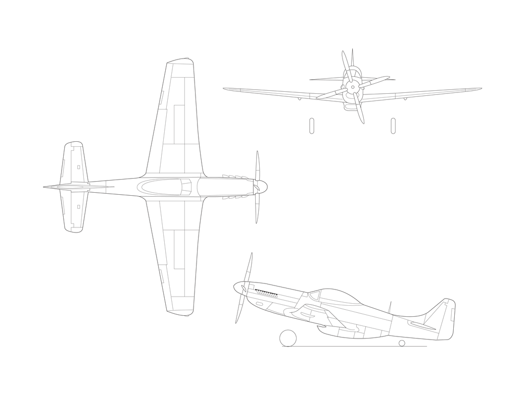 Artist technical drawing of the P-51D Mustang in three views; not an encounter image.