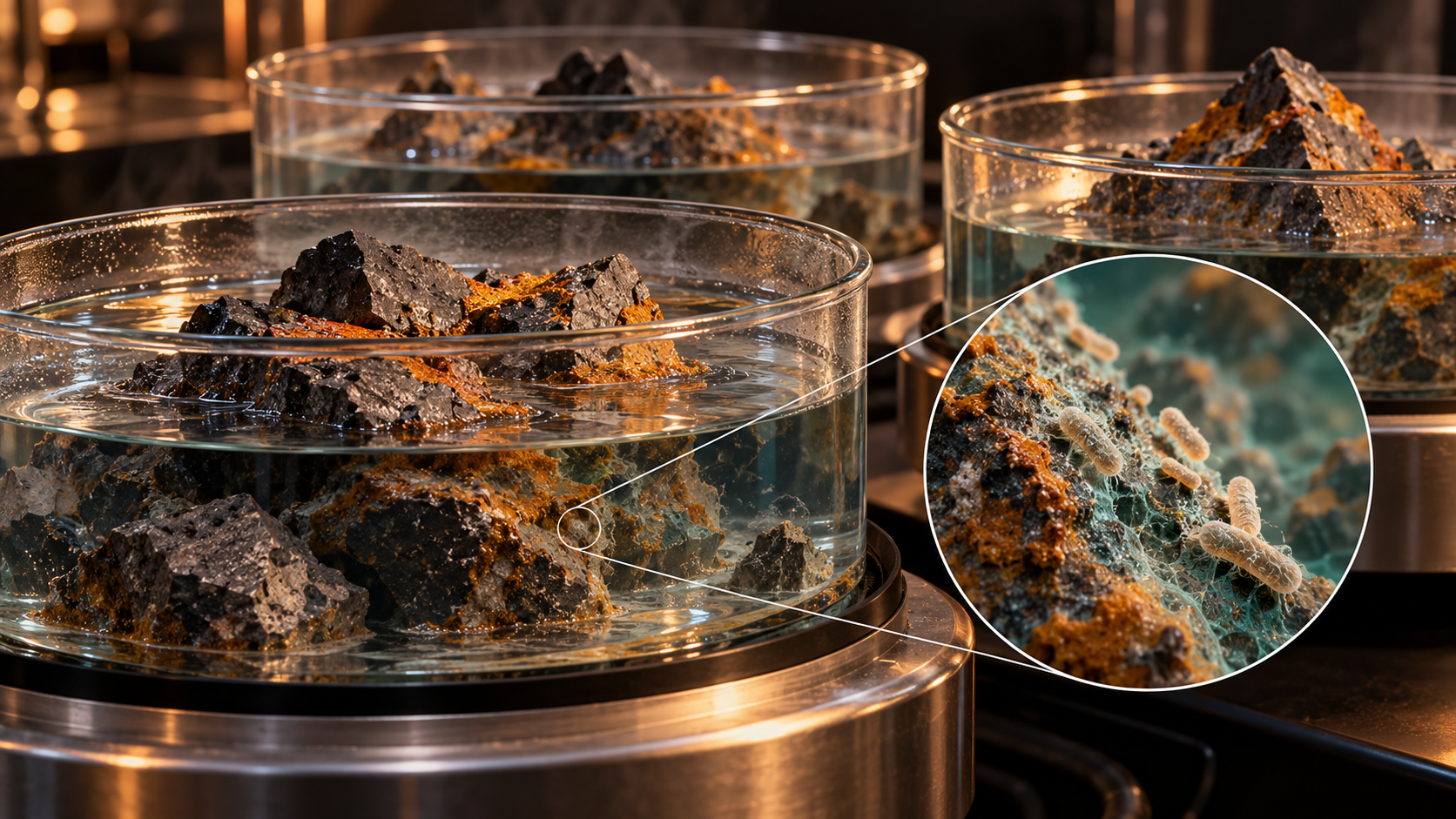 Generated illustration of impact-rock fragments in three laboratory water baths with an enlarged view of microbes on a submerged rock.