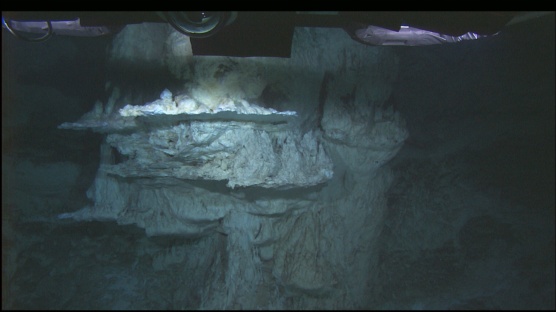 Pale mineral formations in the Lost City hydrothermal field on the Atlantic seafloor.