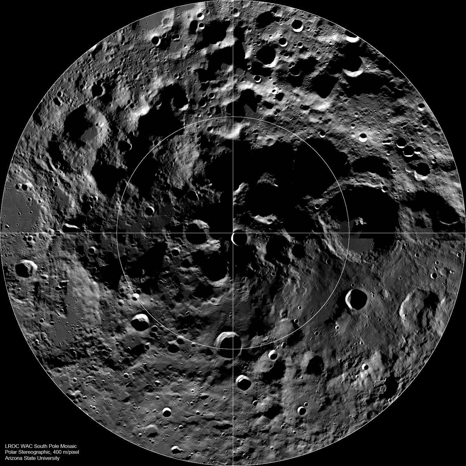 Archival black-and-white LROC mosaic showing densely cratered terrain around the Moon’s south pole.