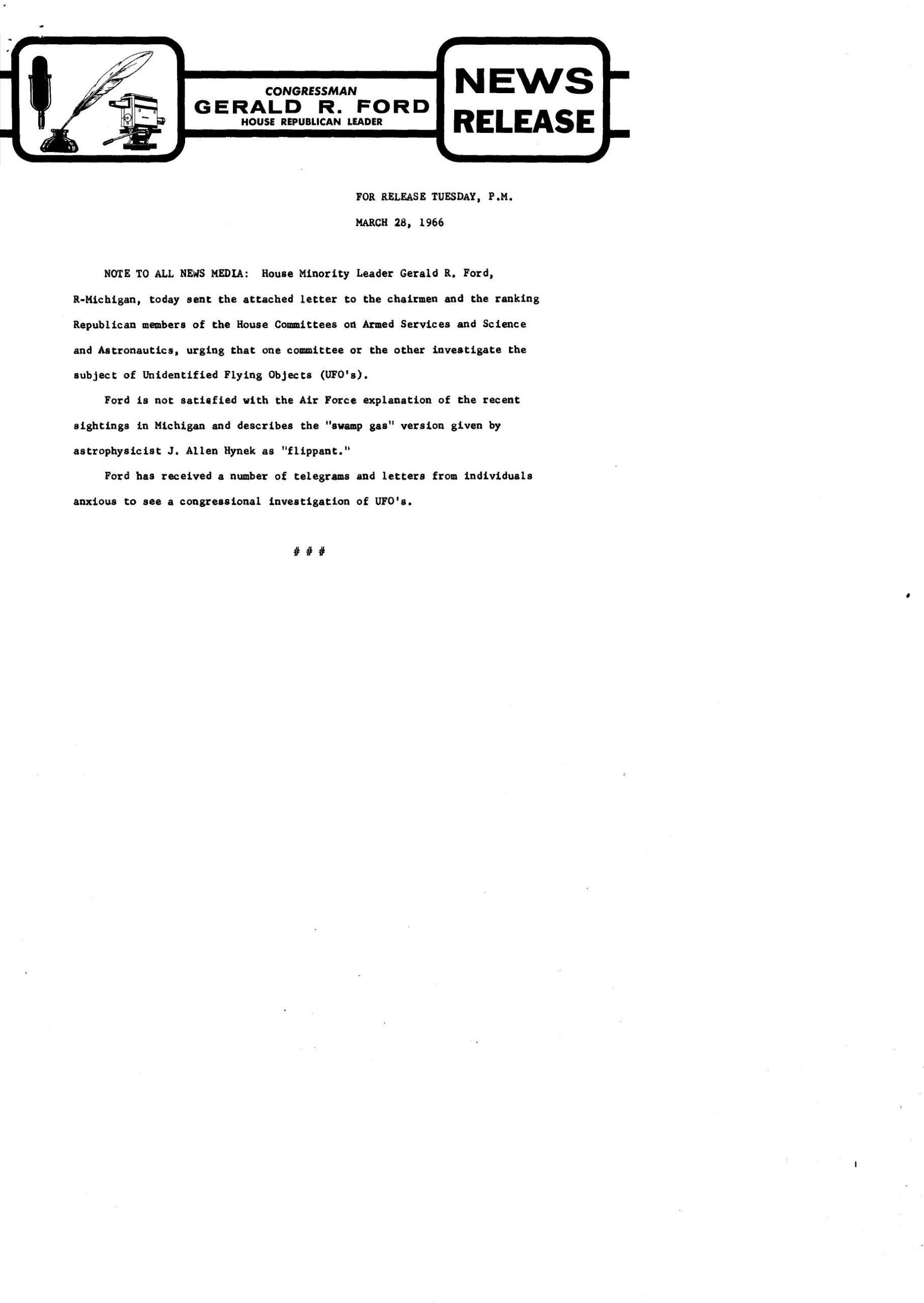 Gerald Ford’s March 28, 1966 news release urging congressional investigation of UFO reports.