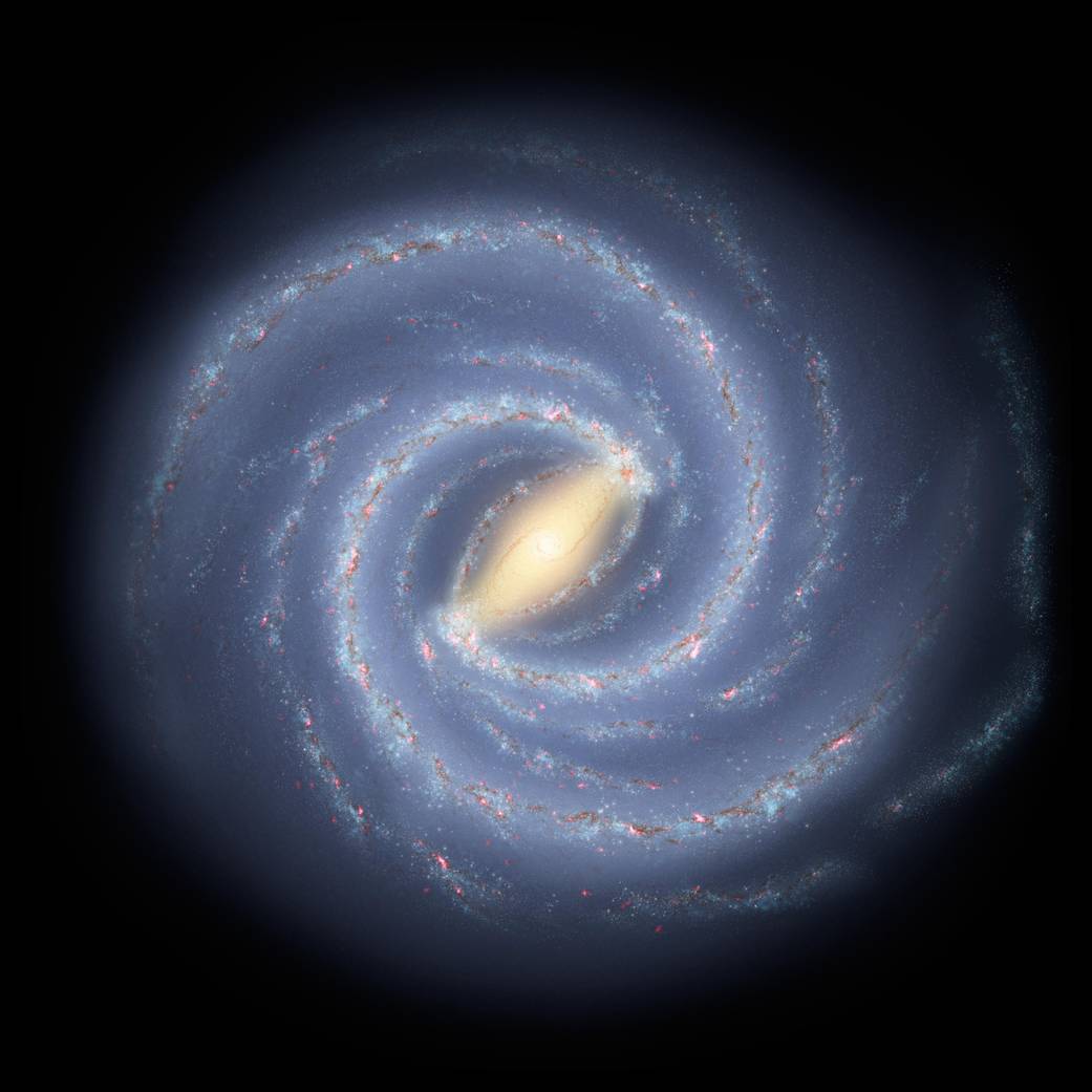 Archival artist illustration of the Milky Way’s central bar and spiral arms in blue and white.