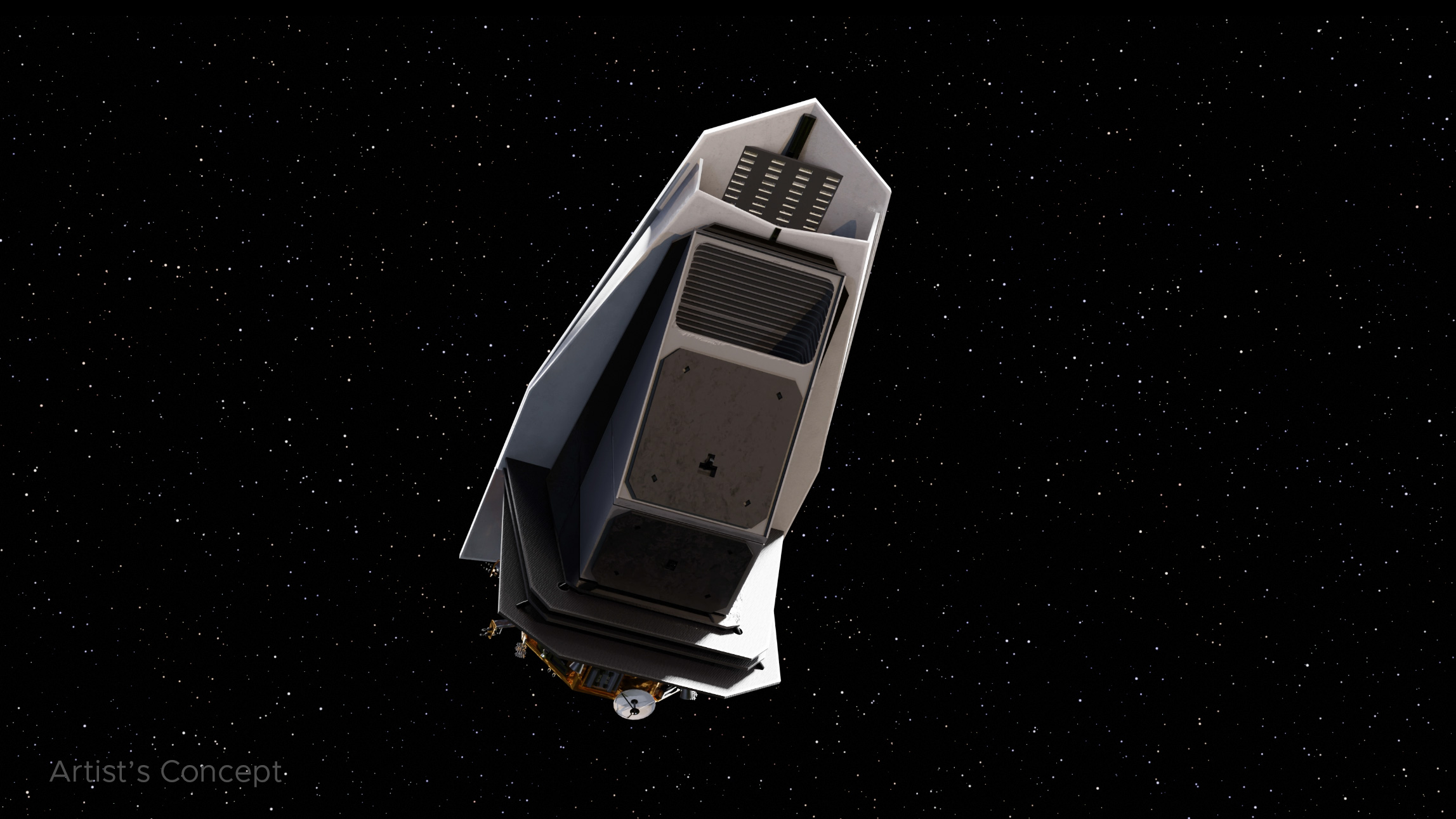 Artist’s concept of NASA’s NEO Surveyor spacecraft in deep space, with its sunshade facing the Sun.