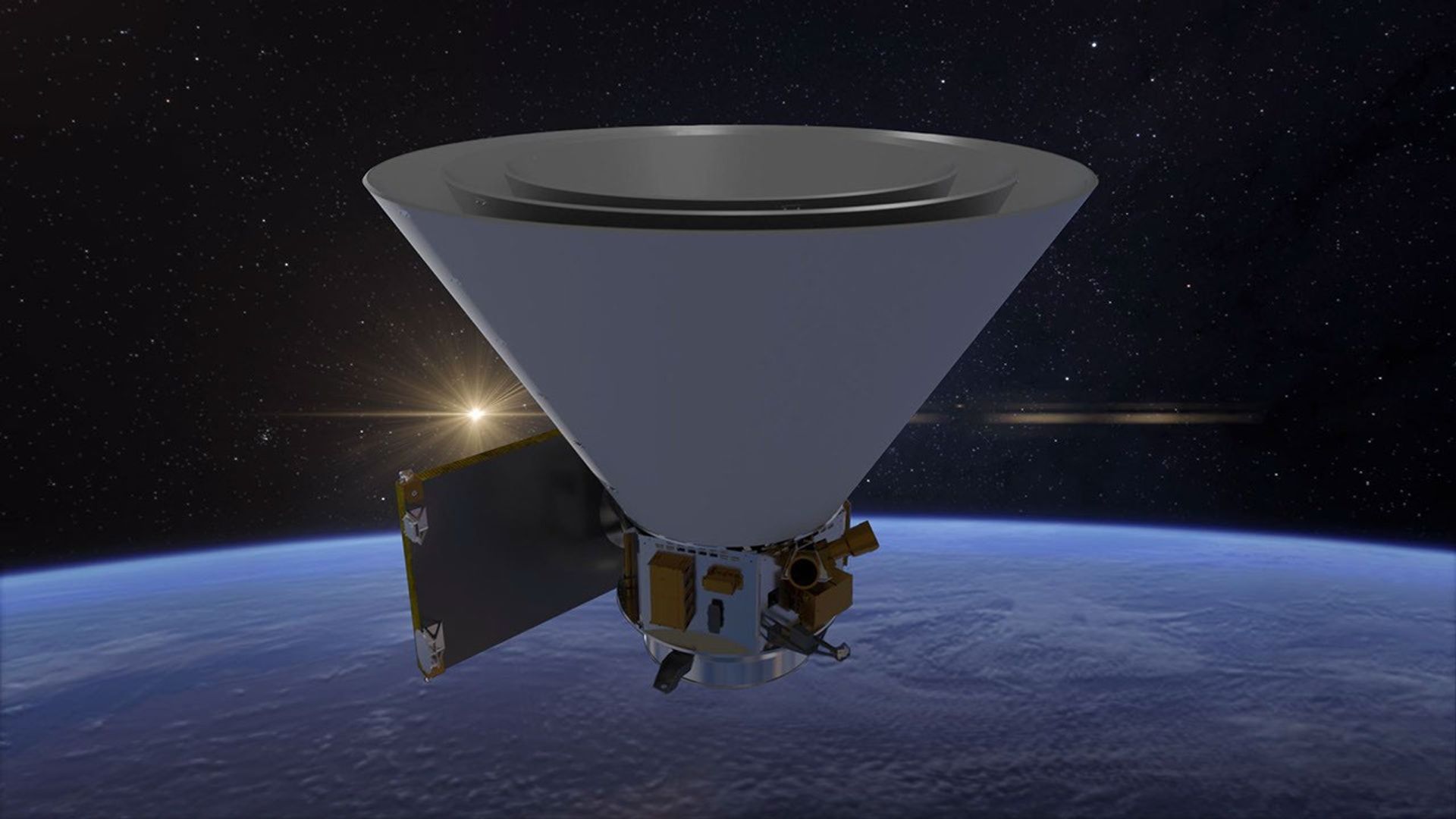 Artist’s concept of NASA’s SPHEREx observatory and its cone-shaped shields in orbit above Earth.