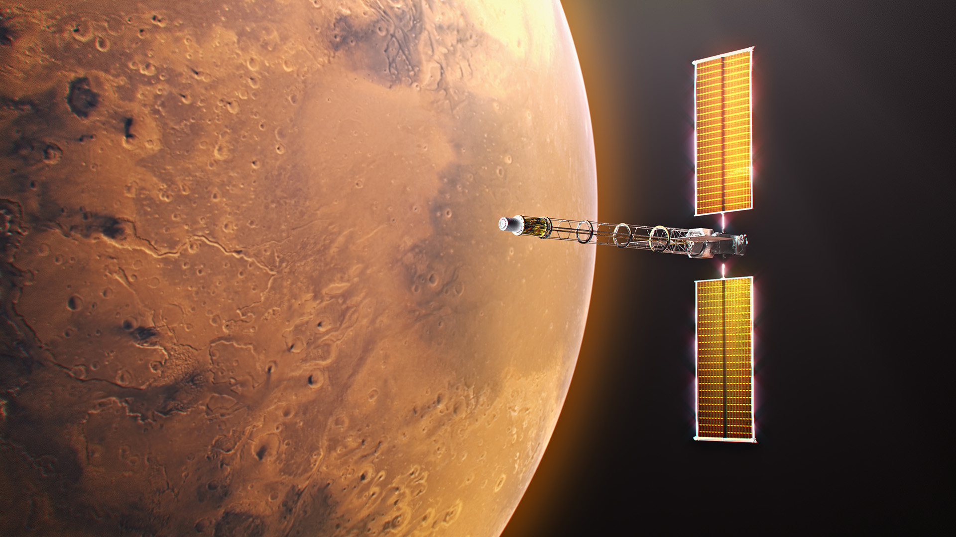 Artist’s concept showing SR-1 Freedom’s long boom and two rectangular arrays beside Mars.