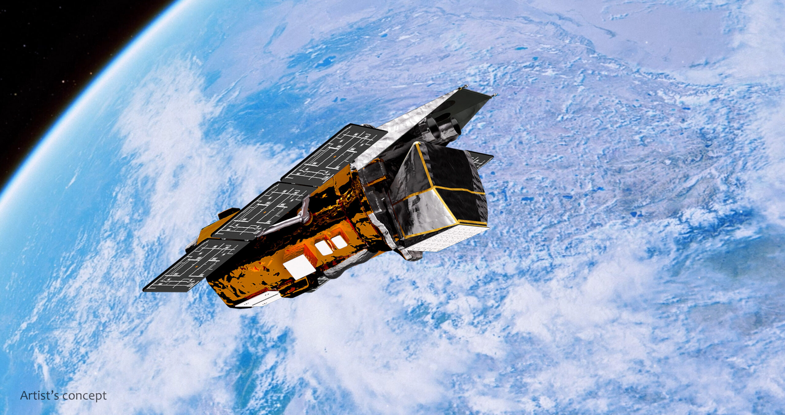 Artist’s concept of the Neil Gehrels Swift Observatory orbiting above Earth; not a photograph of re-entry.