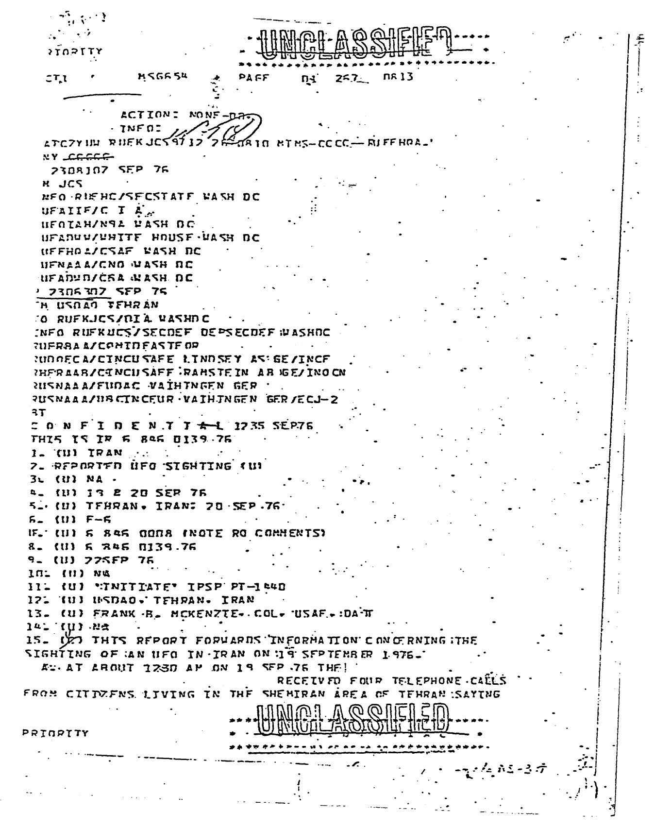 First page of a U.S. military message reporting the September 1976 Tehran UFO encounter.