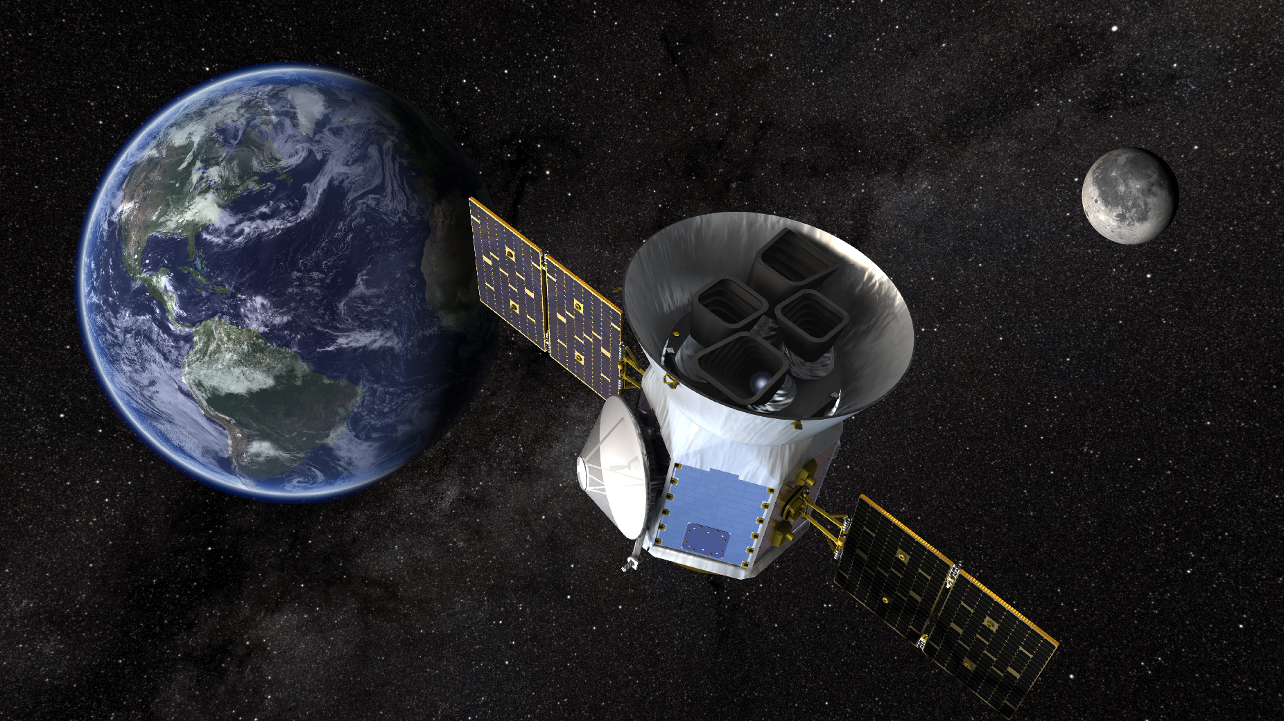 Artist illustration of the four-camera TESS spacecraft in space with Earth and the Moon in the background.