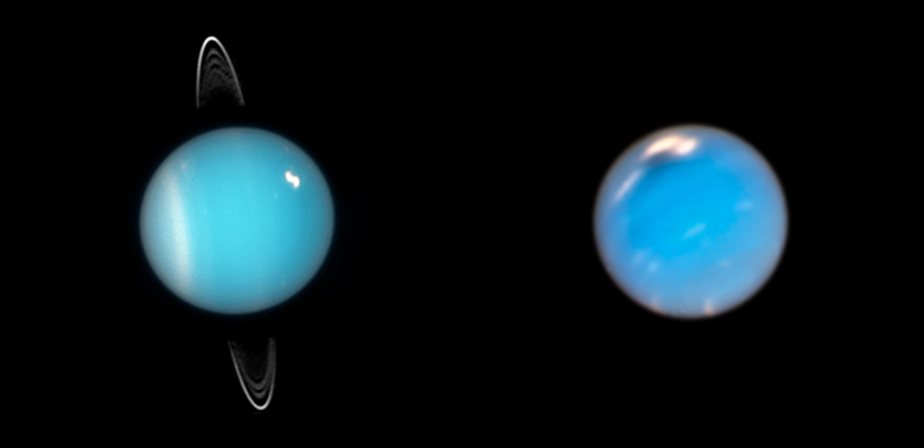 Archival Hubble composite showing ringed Uranus on the left and Neptune on the right.