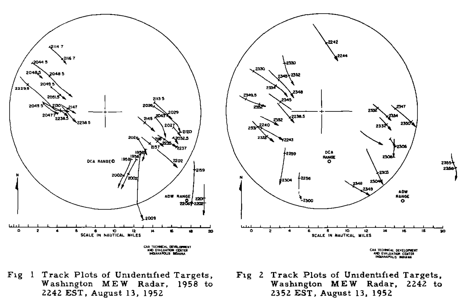 Two CAA plots of unidentified Washington radar targets tracked on August 13, 1952