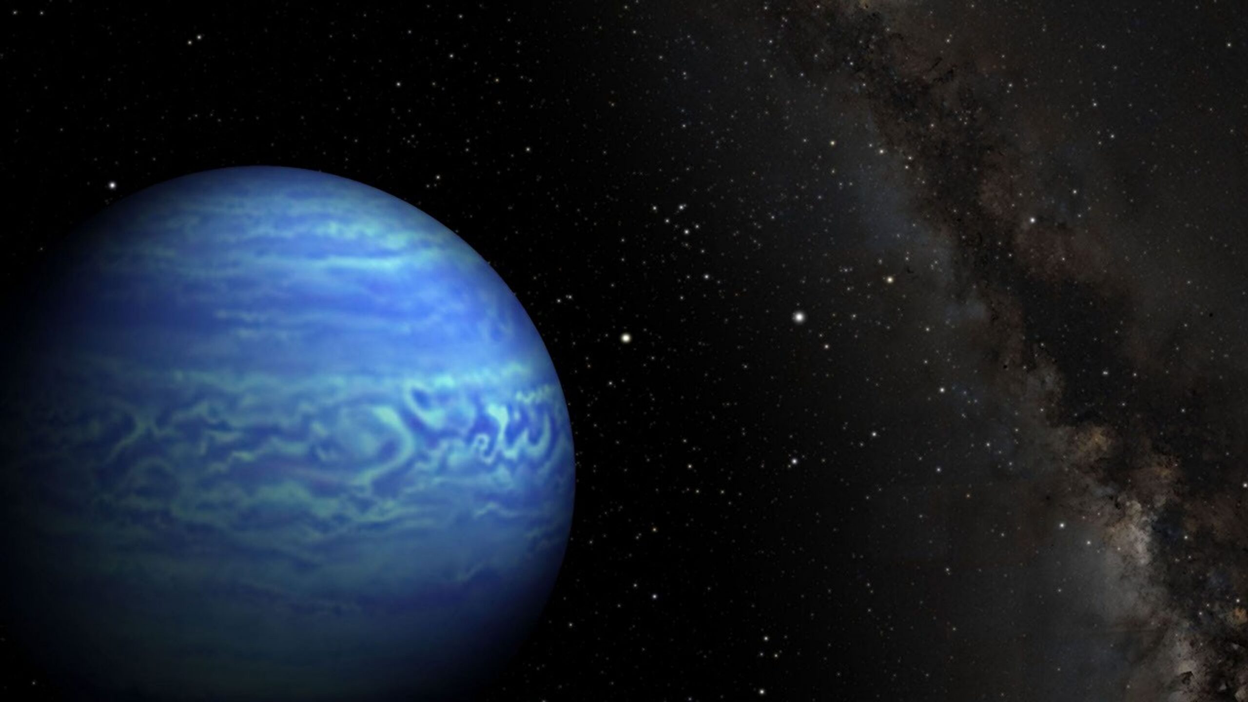 Archival artist illustration of the blue, cloud-banded brown dwarf WISE 0855 against a star field.